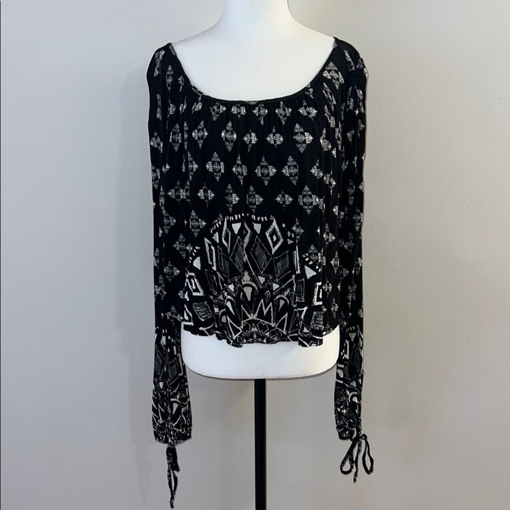 Free People Black Long Sleeve Tie Front Crop Blouse